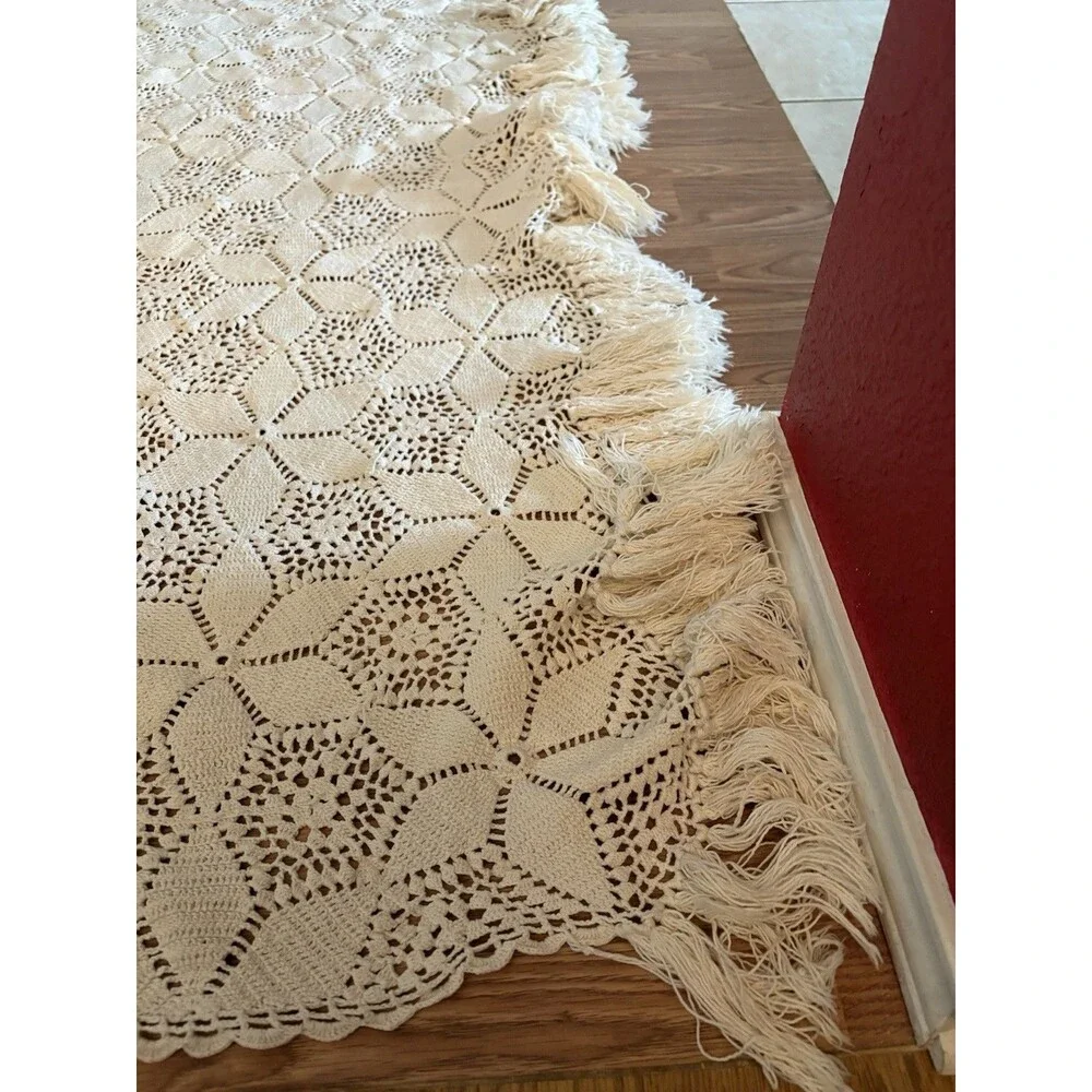 Handmade floral  Crochet Beige Fringed Bed Throw Blanket 72
